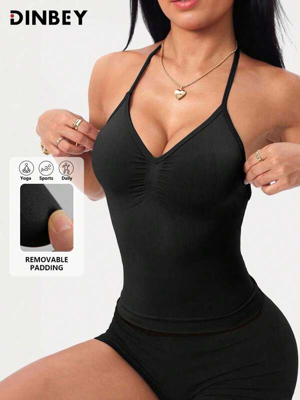 DINBEY Camiseta deportiva de tirantes largos para mujer de alta intensidad, activewear transpirable y elástico para yoga, fitness y running al aire libre en color negro