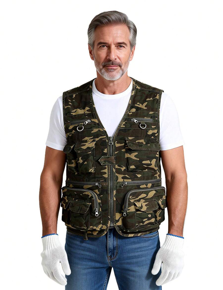Men's Cotton Outdoor Utility Camouflage Multi-Pockets Fishing Garden Working Photography Vest Jacket - 軍綠色 - 查看 1