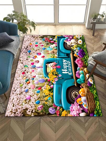 1 Stück Osterhasen & Ei Muster Flanell Matte, 1,2 cm dick, rutschfest, maschinenwaschbar, geeignet für Eingangsbereich, Badezimmer, Wohnzimmer, Waschküche, Heimdekoration, Frühling/Sommer, hervorragend für Heim- und Küchendekoration