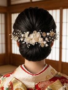 1pc Flower Wedding Hair Clip Gold Pearl Hair Piece Crystal Bridal Hair Accessories For Women Valentine's Day Accessories - Gold - View 2