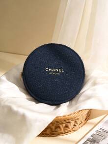 CHANEL Limited Edition Navy Blue Chunky Tweed Cosmetic Bag, Adorned With Gold Logo And Gold Camellia Zipper Pull, A Luxurious Makeup Pouch - Navy Blue - View 1