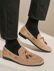 Salkin 复古设计师男士套脚乐福鞋，流苏绒面软皮鞋，绅士平价奢华之选，现代生活之选。简约商务正装鞋，男士日常办公派对婚礼鞋，情侣约会、浪漫晚餐、节日礼物、返校学生鞋，学院风，建议选择大一码。 - 米色 - 查看 2