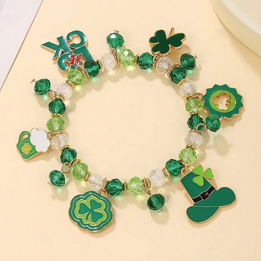 1 Pack St. Patrick's Day Green Hat Four-Leaf Clover Element Lucky Bracelet Irish Beer Festival Charm Bracelet Suitable For Party Banquet Wristband And Holiday Gift For Friends - 樣式2 - 查看 1