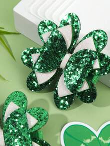 2pcs Green Glitter Hair Bows For Girls Cute Hair Clips St. Patrick's Day Theme Party Hairpins Side-Parted Bangs, Side Hair, Ponytail Barrettes Girls Teens Hair Accessories - Green - View 3