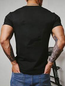 Men's Casual Undershirt, Valentine's Day Heart Print T-Shirt, Fashionable Pattern, Romantic Personalized, Knit Fabric Short Sleeve, Round Neck Regular Fit - Black - View 6
