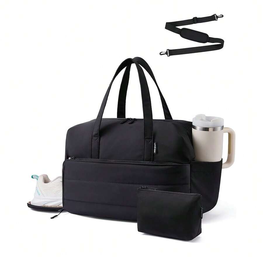 Small Gym Bag For Women With Large Tumbler Holder Pocket, Carry On Weekender Travel Duffel Bag With Shoe Compartment, Overnight Mini Personal Bag With Pouch For Workout Sport Dance Yoga - 黑色 - 查看 1