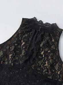 Women Lace Tank Tops Slim Fit Cut Out Crewneck Sleeveless Crop Vest Trendy Summer Streetwear - Negro - Ver 7