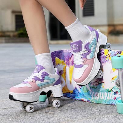 Unisex Campus Roller Skate Shoes, Multifunctional Sports Shoes For Teenagers To Walk Or Skate, With Button To Retract Wheels Inline Skates