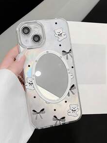 1pc Premium Bow Bear Mirror Kickstand Feather Veil Phone Case, Compatible With 11/12/13/14/15/16 Pro/17 Pro Max, Minimalist Full-Body Protective Cover With Lens Film, Ideal Valentine's Day Gift - Silver - View 1