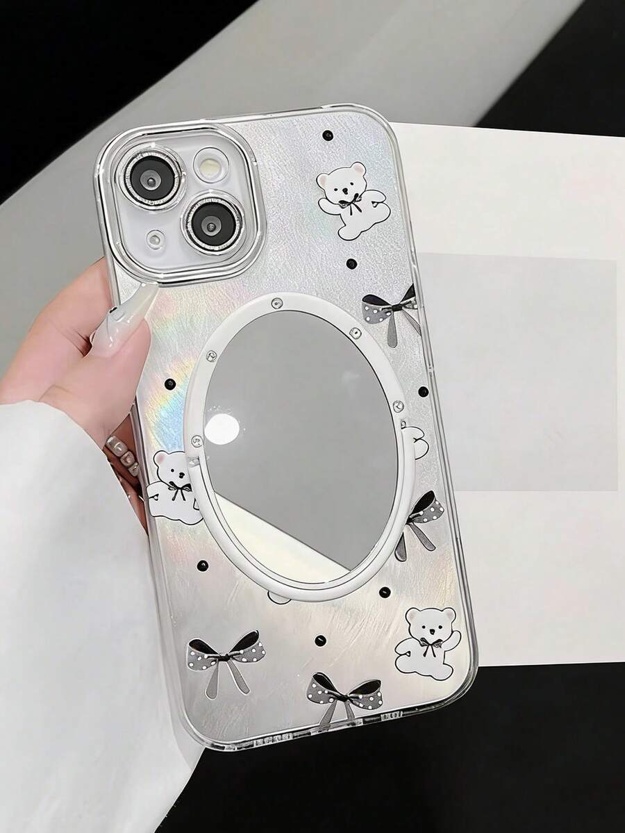 1pc Premium Bow Bear Mirror Kickstand Feather Veil Phone Case, Compatible With 11/12/13/14/15/16 Pro/17 Pro Max, Minimalist Full-Body Protective Cover With Lens Film, Ideal Valentine's Day Gift - Silver - View 1