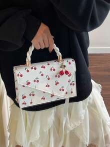 女孩可爱樱桃印花女士钱包，编织手柄女士手提包，不对称女士托特包，翻盖女士单肩包，适合女孩，办公，日常通勤，休闲，摄影，度假，礼物 - 彩色 - 查看 3