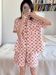 Pure Slumber 2pcs Women Heart Print Cardigan Pajama Set, Suitable For Spring/Summer - Pink - View 1