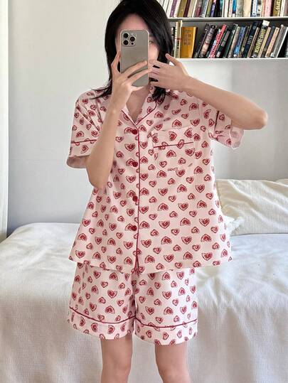 Pure Slumber 2pcs Women Heart Print Cardigan Pajama Set, Suitable For Spring/Summer