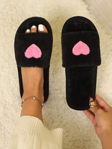 柔软毛绒心形露趾拖鞋，舒适轻便鞋底，适合居家室内穿着，春夏皆宜 - 黑色 - 查看 3
