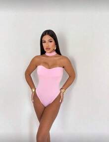 Strapless Bodysuit With High Neck, Shaping, Suspended Neckline, Versatile With Padded Cups - 淺粉色 - 查看 1