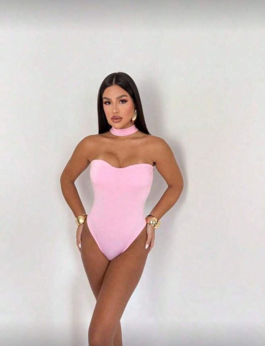 Strapless Bodysuit With High Neck, Shaping, Suspended Neckline, Versatile With Padded Cups - 淺粉色 - 查看 1