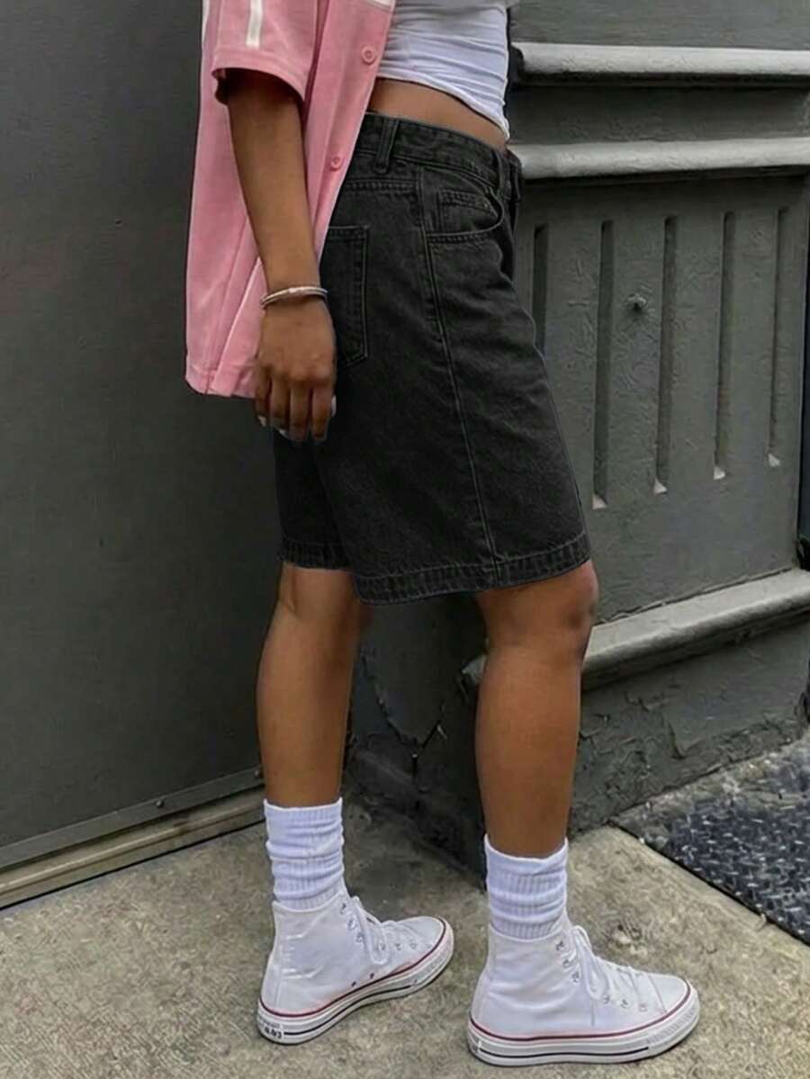 Women Summer Casual Knee Length Wide Leg Baggy Bermuda Denim Jeans Vacation Beach Country Concert - Black - View 1