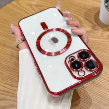 1 Piece Plating Phone Case With Camera Protection, Magnetically Induced Ultra-Thin TPU Clear Case, Compatible With Apple 16/16Pro/16Plus/16Pro Max - Red - View 9