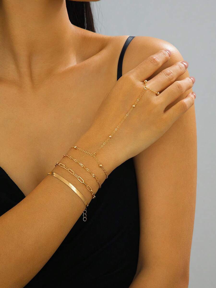 2pcs/Set Starry Moon Tassel Element Finger Chain Set, Fashionable Double-Layer Stackable Bracelet, Handmade Adjustable Length, Suitable For Holidays, Daily Wear, Dates, And Photo Shoots - Gold - View 1