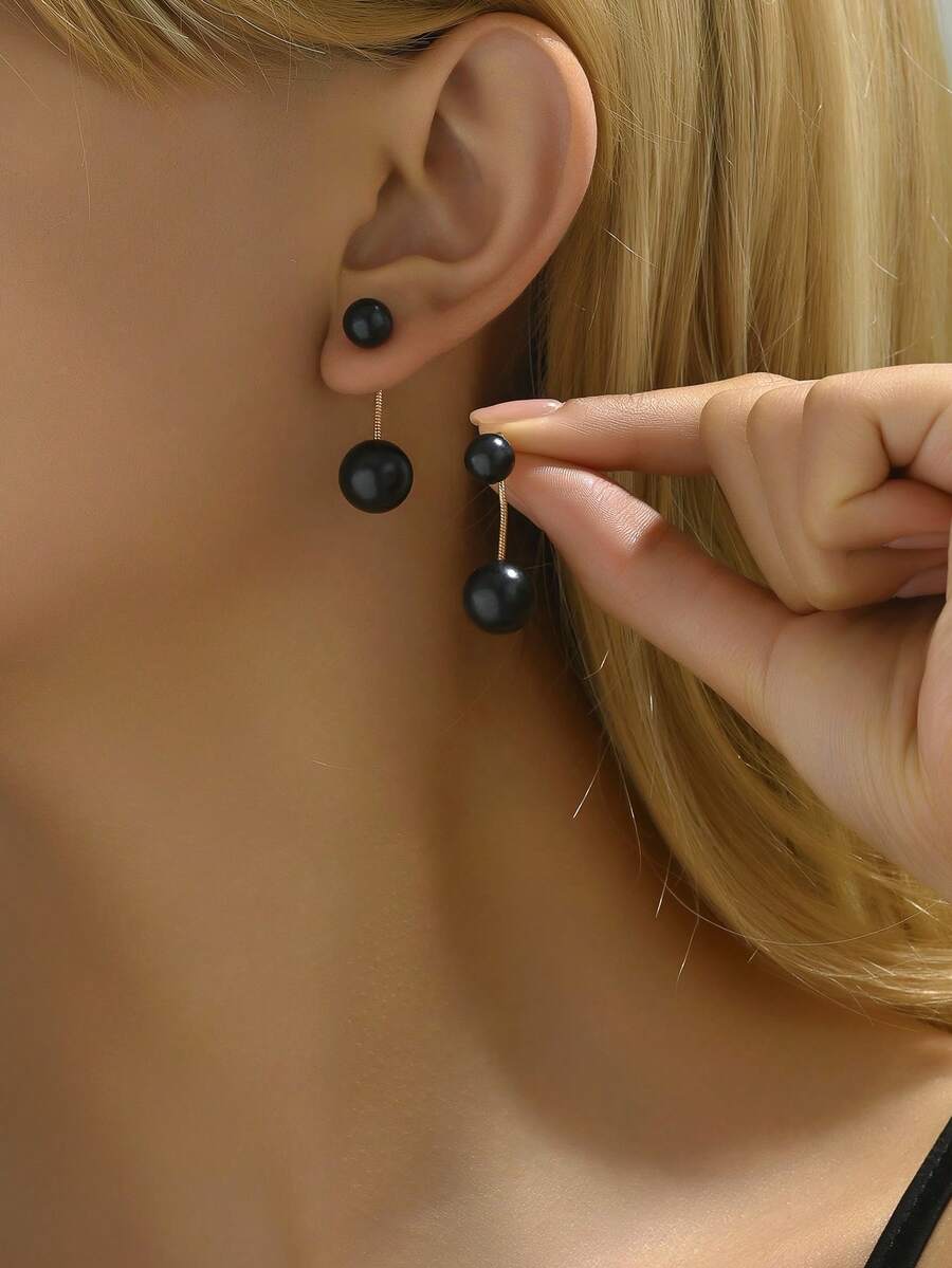 1 Pair Faux Pearl Earrings, Simple & Elegant Design, Suitable For Parties And Gifts - Black - View 1