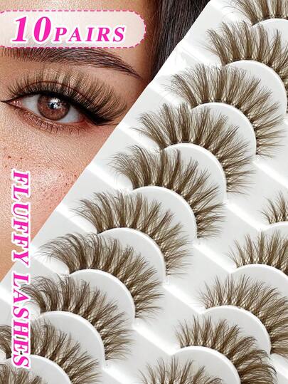 ENCHUW 10 Pairs False Eyelashes Fluffy Wispy Natural Look Fake Eyelashes C Curl Strip 3D Layered Lashes With Clear Band Suitable For Parties