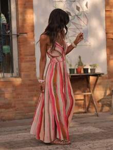 ZIMO Jasmine Rainbow Stripe Halter Dress, Waist Cinched Slim Fit Side Slit Maxi Dress, Romantic Fairy Vibe, Ideal For Commute, Travel Photoshoots & Vacations, Spring Summer Outfit - Red - View 6