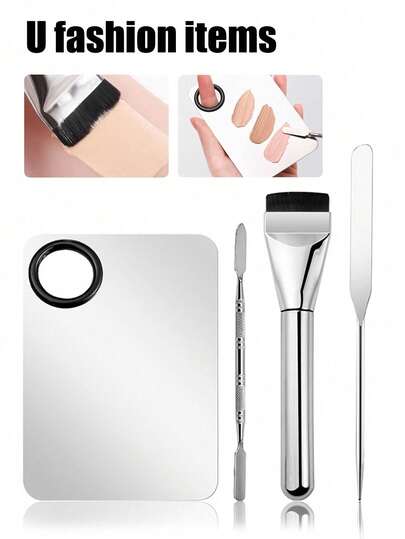 4pcs Professional Stainless Steel Makeup Palette Set, Including Palette, Spatula, Foundation Scraper, Foundation Brush, Eyeshadow Scraper, Makeup Artist Color Mixing Tools