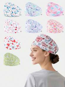 男女通用护士帽，卡通动物和爱心图案，配有吸汗带、防尘罩和长发绳。适合角色扮演，实用时尚，非常适合美容院、护理院、医院、牙科诊所、兽医诊所、儿科诊所、家庭清洁、日常佩戴或度假。 - 多色2 - 查看 1