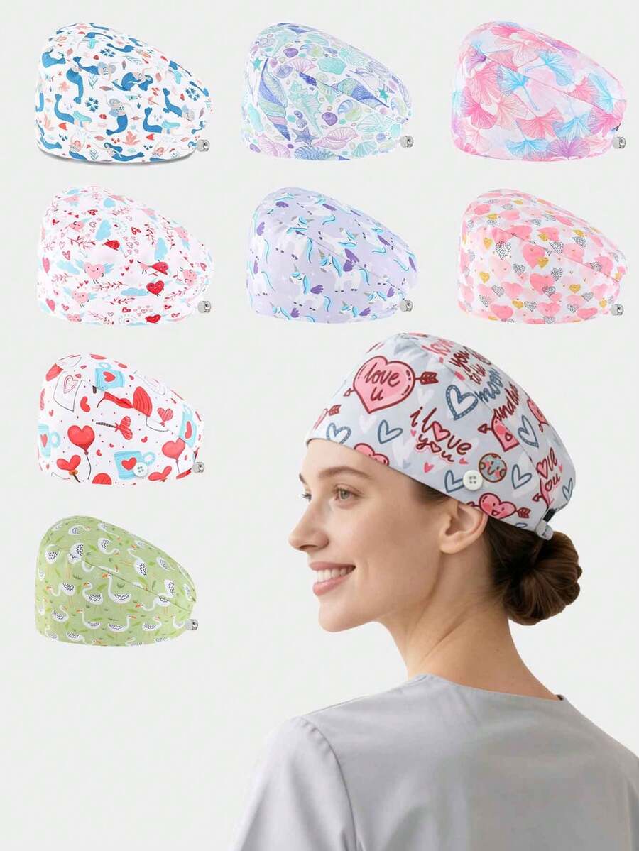男女通用护士帽，卡通动物和爱心图案，配有吸汗带、防尘罩和长发绳。适合角色扮演，实用时尚，非常适合美容院、护理院、医院、牙科诊所、兽医诊所、儿科诊所、家庭清洁、日常佩戴或度假。 - 多色2 - 查看 1