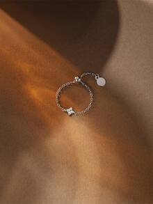 EleRunis 1PC 0.1ct 925 Sterling Silver Classic Moissanite Four Leaf Clover Diamond Chain Engagement Ring 18K Gold Plated Promise Wedding Ring For Women Mom Dad Daughter Loved Mother's Day Jewelry Gifts - Silver - View 6