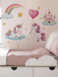1/2/3片装多尺寸PVC可移除墙贴，卡通元素装饰，适用于卧室、客厅、书房、餐厅、浴室、家居墙面装饰 - 月光下的女孩、独角兽彩虹、梦幻粉色树下有动物、狮子骑热气球 - 彩色 - 查看 3