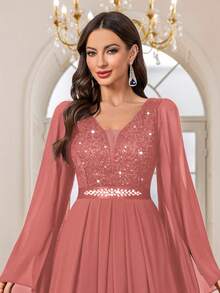 MIUSOL Women's Sequin Floral Lace Patchwork Deep V-Neck Chiffon Long Sleeve Rhinestone Ruched Hem Formal Party Dress Wedding Spring - Dusty Pink - View 9