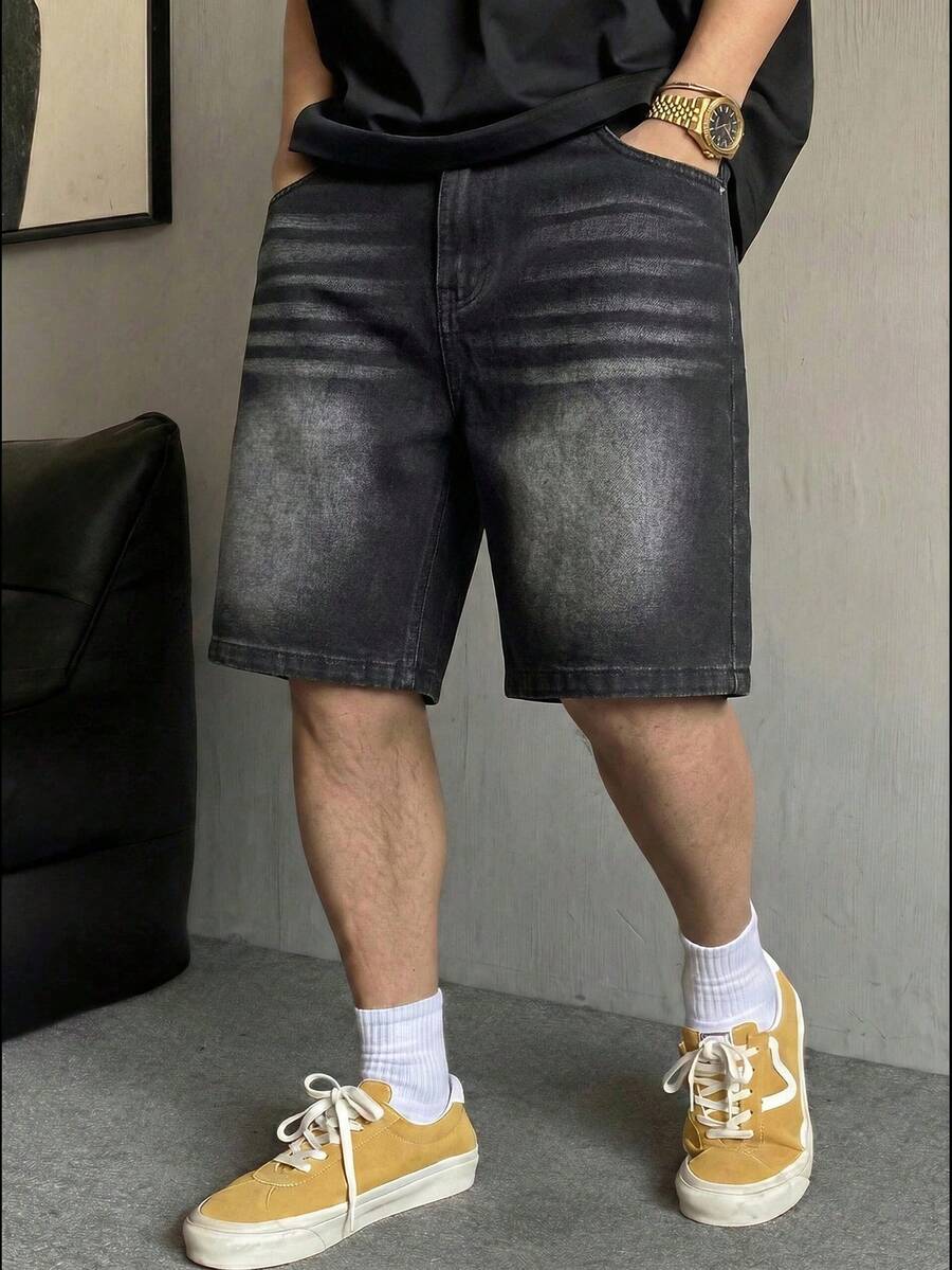 牛仔短裤，直筒及膝短裤，棉质破洞牛仔短裤，休闲街头风牛仔裤，适合日常通勤和夏季穿着 - 黑色 - 查看 1