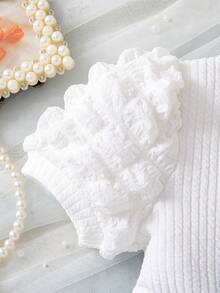 Đầm công chúa mùa hè thanh lịch màu xanh dương và trắng phối họa tiết, tay phồng và viền chân váy jacquard cho bé gái. - Xanh và trắng - Xem 4