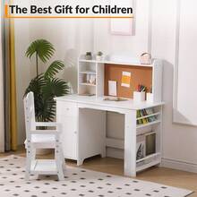 Kids Desk, Study Desk And Chair Set For Boys And Girl, Wooden Kids Writing Table With Bookshelf, Bulletin Board, Cabinet And Drawer For Ages 3-8 - White - View 6