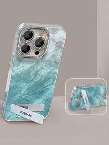 1pc Electroplated Glitter Full Coverage Glacier Pattern Ombre Ice Blue Phone Case With 3D Metal Stand, Compatible With IPhone 11/12/13/14/15/16/17/Pro Max - Blue - View 4