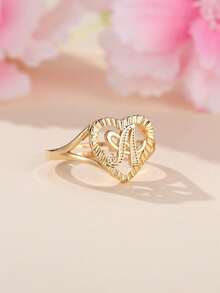 2pcs Elegant Hollow Heart & Letter Adjustable Rings, Fashionable Jewelry Gifts Suitable For Women, Girlfriends, Wives, Mothers, Families And Friends On Birthdays, Anniversaries And Other Occasions - Yellow Gold - View 2