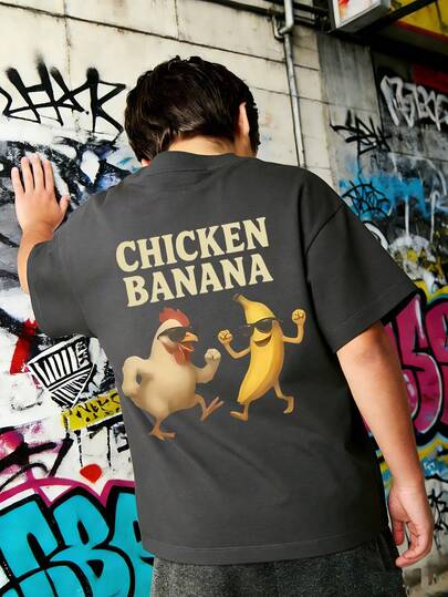 Camiseta con estampado gráfico de pollo y plátano de dibujos animados para niño preadolescente, de tela suave y cómoda, de moda para uso casual y al aire libre, top de verano para niños