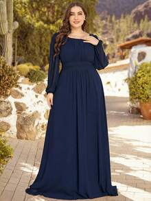 Plus Size Elegant Romantic A-Line Long Sleeve Navy Blue Bridesmaid Dress, Wedding Guest Dress