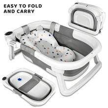 Baby Bathtub For Infants To Toddler, With Soft Cushion & Thermometer, Foldable Baby Bathtub, Portable Travel Baby Tub For Newborn - 灰色 - 查看 1