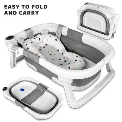 Cochildor Baby Bathtub For Infants To Toddler, With Soft Cushion & Thermometer, Foldable Baby Bathtub, Portable Travel Baby Tub For Newborn