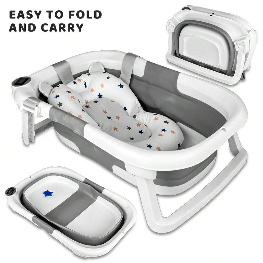 Baby Bathtub For Infants To Toddler, With Soft Cushion & Thermometer, Foldable Baby Bathtub, Portable Travel Baby Tub For Newborn - 灰色 - 查看 1