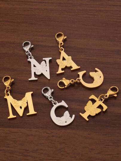 1pc 18K Gold Plated Stainless Steel Butterfly Alphabet Letter Initial Charm Pendant With Lobster Clasp A-Z 26 Letters Charms For Jewelry Making Accessories DIY Earring Necklace Bracelet Earrings Keychains Accessories