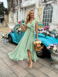 女款優雅荷葉邊婚禮賓客長洋裝 春夏雪紡飄逸正式晚禮服 伴娘禮服 雞尾酒會 畢業舞會禮服 - 薄荷綠 - 查看 8