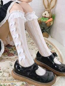 2双随机款式洛丽塔风格甜美蕾丝荷叶边蝴蝶结过膝袜（女款） - 彩色 - 查看 2