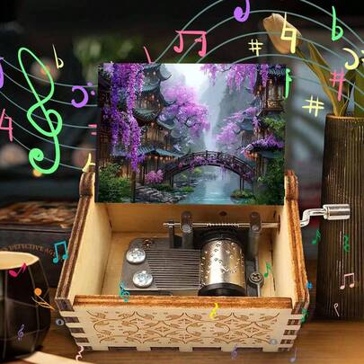 Oriental Ancient Town Hand-Crank Music Box - Wooden Wind-Up Ornament With Purple Wisteria Scene, No Battery Needed For Home Decor & Gifts