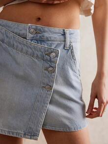 Women's Denim Mini Skirts Summer Fashionable Casual Solid Color Mid Rise Jean Skirt With Pockets - Màu xanh nhạt - Xem 3