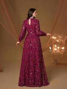 Đầm dạ hội dáng suông, cổ áo đính ngọc trai, tay phồng, thêu hoa 3D, sang trọng, cổ cao, xuyên thấu, thích hợp cho các buổi dạ tiệc, đám cưới, tiệc tùng, dự tiệc cưới, lễ phục dạ hội. - Màu Hồng Tươi - Xem 2