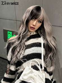 7JHH WIGS Silver Gray Wavy Wig With Bangs Highlight Black Hair Body Long Curly Wigs Natural Fluffy Soft Woven Synthetic Fiber Costume Colorful Wig For Women&Girls Halloween Christmas Festival Ready Party Cosplay Use 26 Inch - Silver - View 2