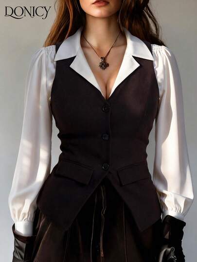 DONICY Women's Solid Color V-Neck Sleeveless Single-Breasted Vest With Lining Pockets, Waist Cinched, Fashionable Vintage Minimalist Elegant Versatile Layering Outerwear Vest, Suitable For Casual, Business, Dating, Shopping, Party, Christmas, New Year